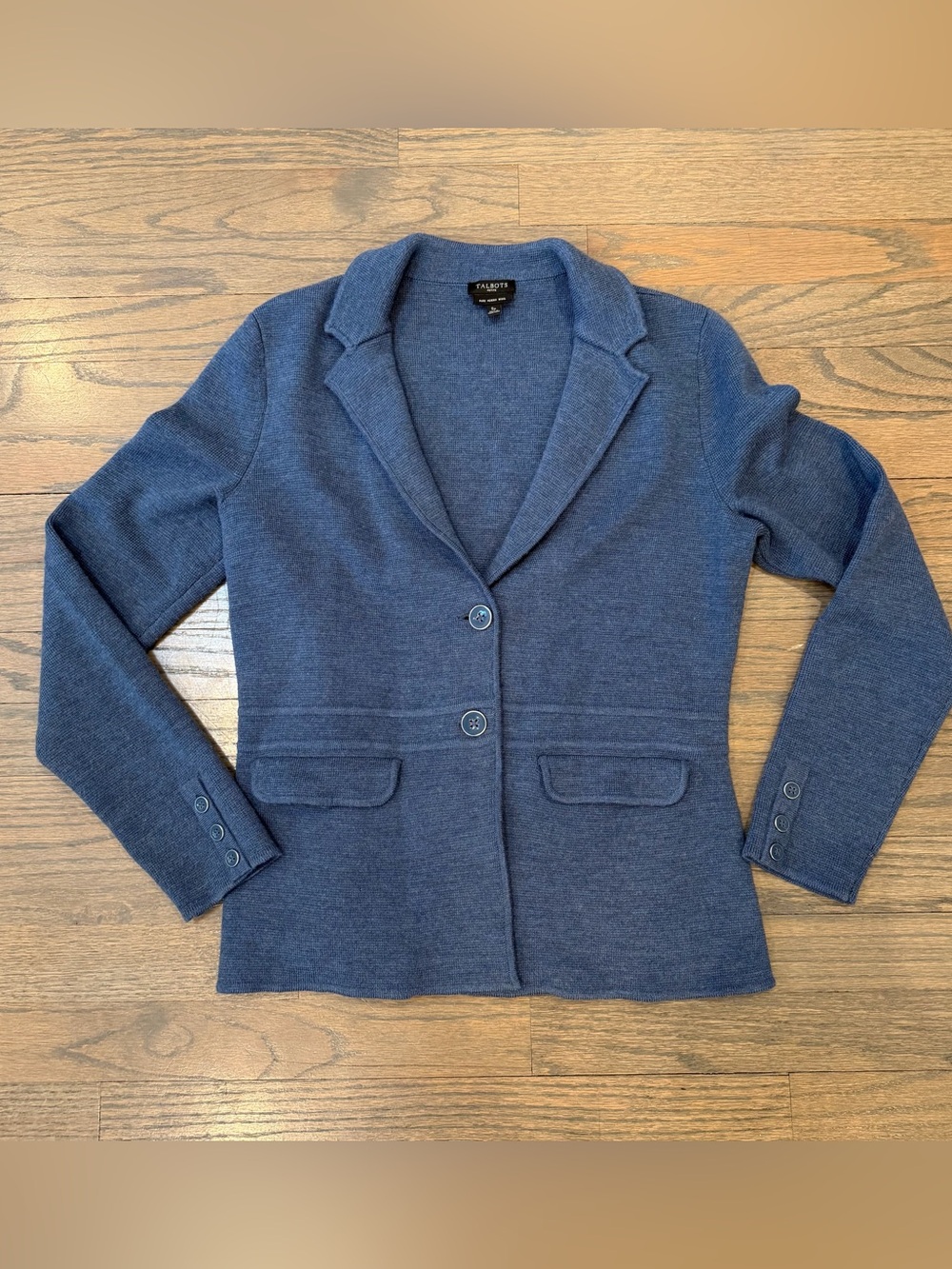 Talbots Swearer Blazer 100% Blue Merino Wool Collar Small Petite Business Office